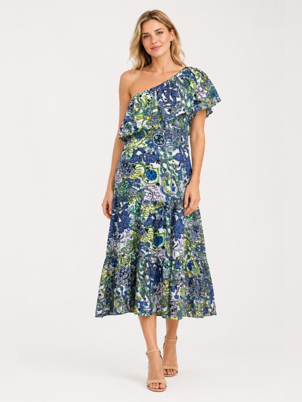 ALC One Shoulder Cotton Silk Tiered Midi Blue Green Paisley Tropical XS